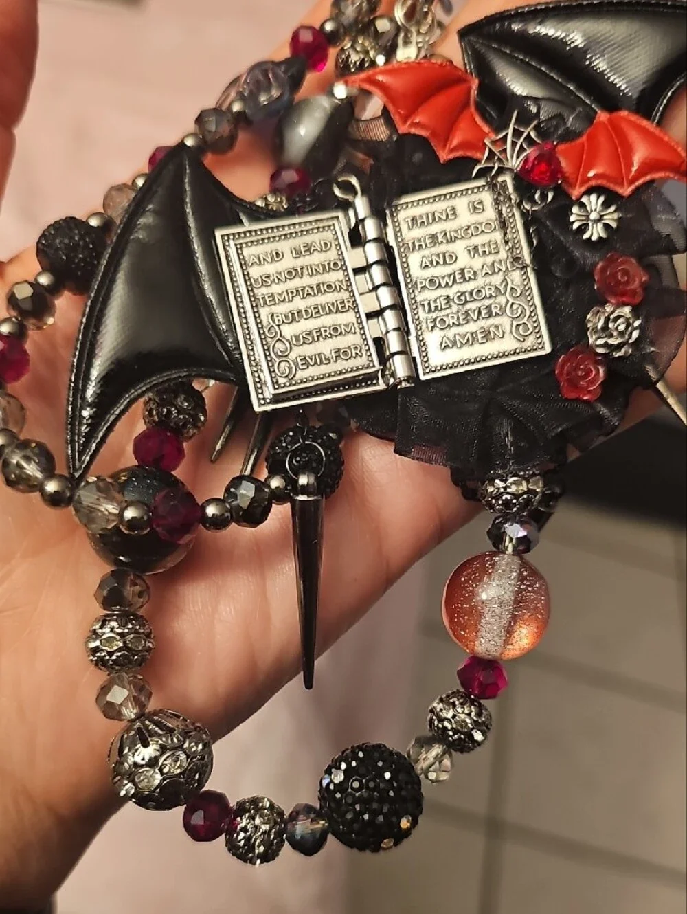 Gothic Black & Red Bat Charm Keychain with Holy Bible Accent